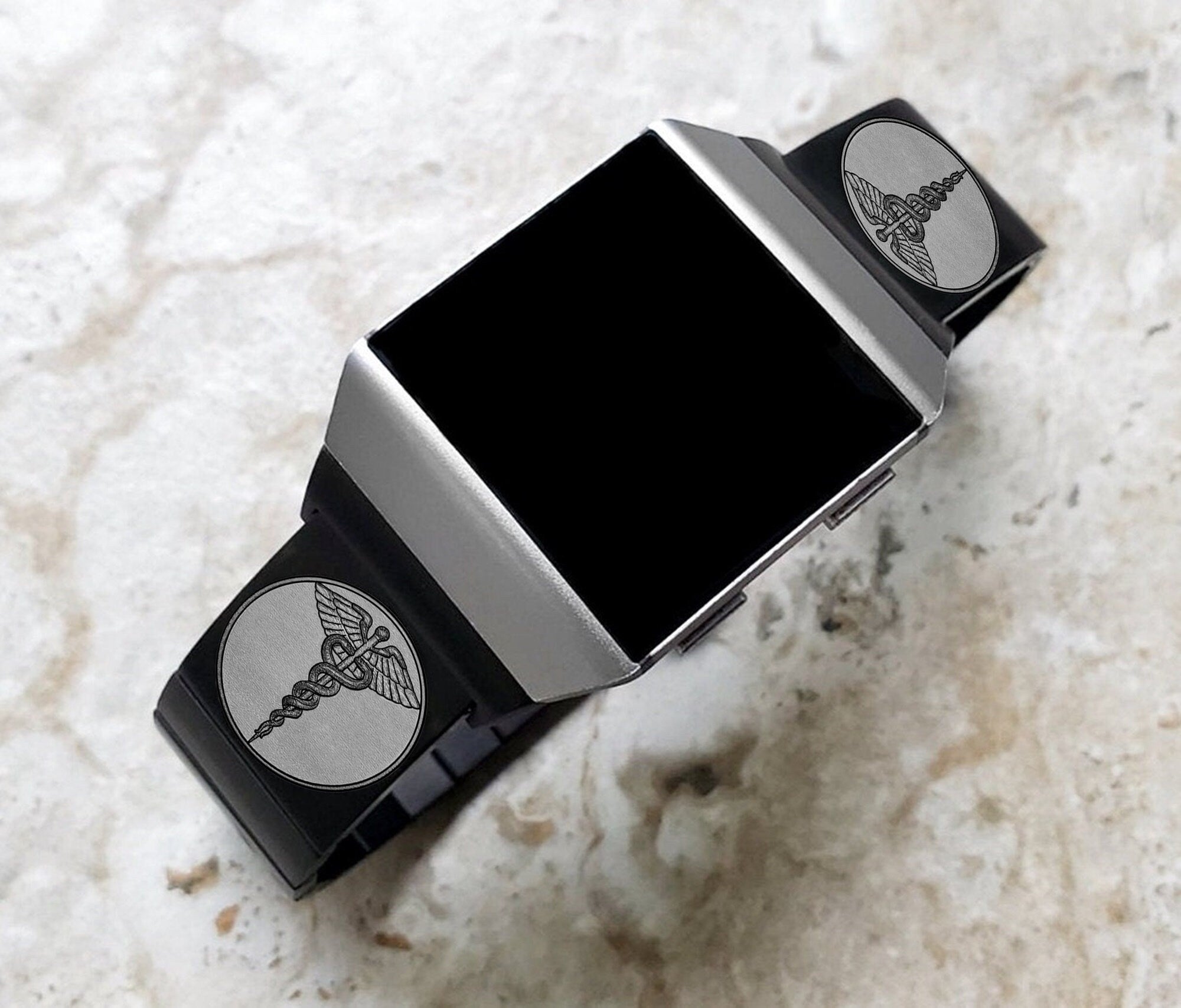 Engraved Watch Band Compatible with Fitbit Ionic Smartwatches Black Color Stainless Steel Strap Bracelet with Quick Release Adapters MS1